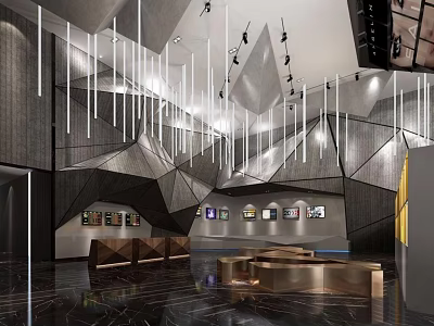 Elegant Modern Cinema Interior With Hanging Lights Geometric Decor And Marble Flooring 3d model