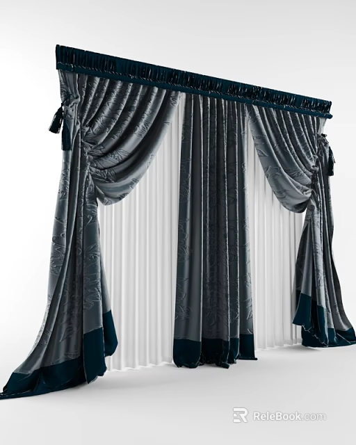 Elegant Dark Patterned Curtains With Draped Design And Tiebacks For Home Windows 3d model