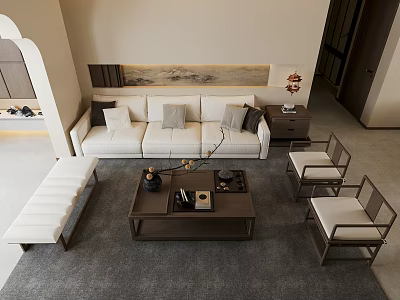 New Chinese Style Sofa Coffee Table Combination Three-seater Sofa Solid Wood Sofa Coffee Table 3d model