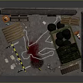 Brick Wall Area With Green Trash Bin Caution Tape Barricade Traffic Cone And Ground Debris