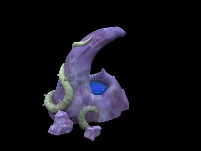 Purple Crescent Shaped Object With Green Spiral Ornaments Blue Recessed Area And Purple Rock Base 3d model