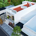 Modern White Townhouse Exterior With Balcony Railings Front Door And Trees
