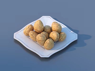 Fresh Walnuts Arranged On A White Square Plate With Elegant Edges 3d model