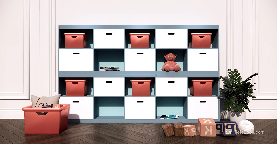 Kids Room Storage Cubby Shelf With Red White Bins Teddy Bear And Blocks 3d model 