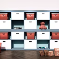 Kids Room Storage Cubby Shelf With Red White Bins Teddy Bear And Blocks