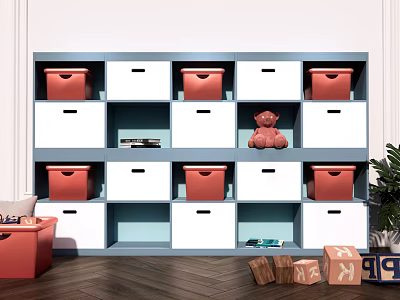 Kids Room Storage Cubby Shelf With Red White Bins Teddy Bear And Blocks 3d model