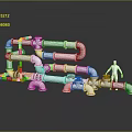 Industrial Piping Equipment With White Pipes Yellow Supports Red Valves And Human Figure For Scale
