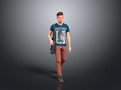 Man Walking With Blue T Shirt Pattern Brown Pants And Black Bag 3d model