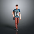 Man Walking With Blue T Shirt Pattern Brown Pants And Black Bag