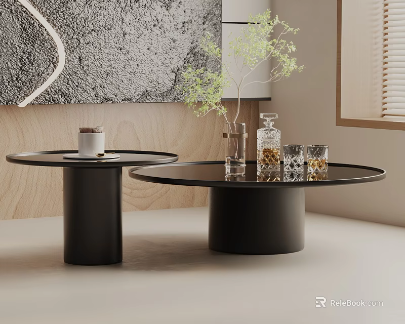 Modern Sofa and Coffee Table Set with Round Black Tables Decorative Items and Green Plant 3d model 