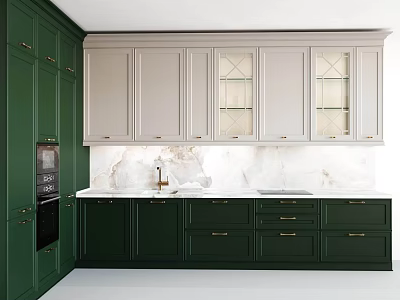 Modern Kitchen Interior Featuring Green Lower Cabinets Light Upper Glass Door Cabinets And Marble Countertop 3d model