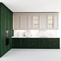 Modern Kitchen Interior Featuring Green Lower Cabinets Light Upper Glass Door Cabinets And Marble Countertop