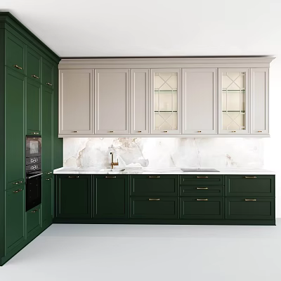 Modern Kitchen Interior Featuring Green Lower Cabinets Light Upper Glass Door Cabinets And Marble Countertop 3d model