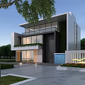 Modern Detached Villa Exterior Design With Large Glass Windows Greenery Lawn And Driveway