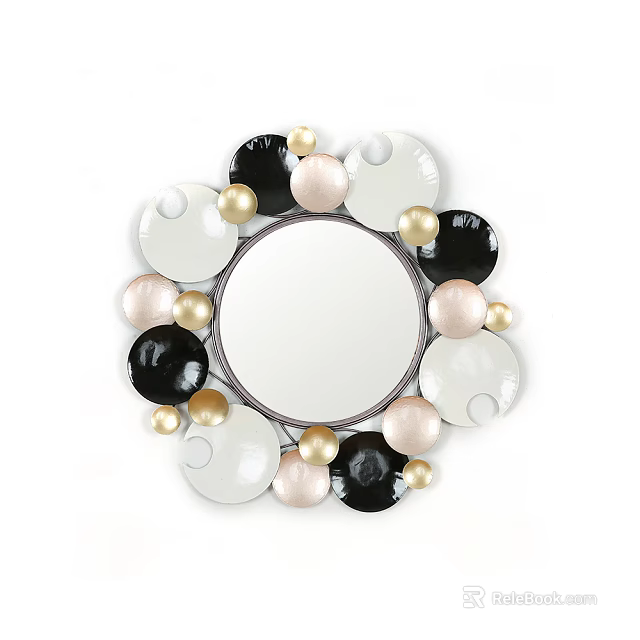 Decorative Round Mirror with Black White Pink Circles and Gold Accents 3d model 