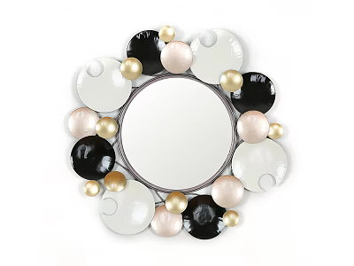 Decorative Round Mirror with Black White Pink Circles and Gold Accents 3d model