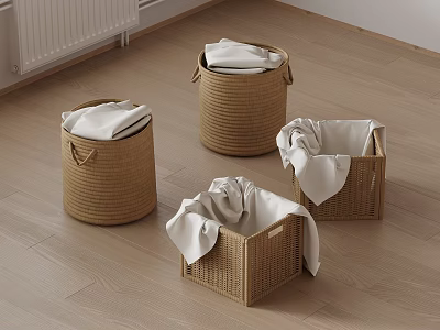 White Towels Stored in Woven Baskets for Home Organization Ideas 3d model
