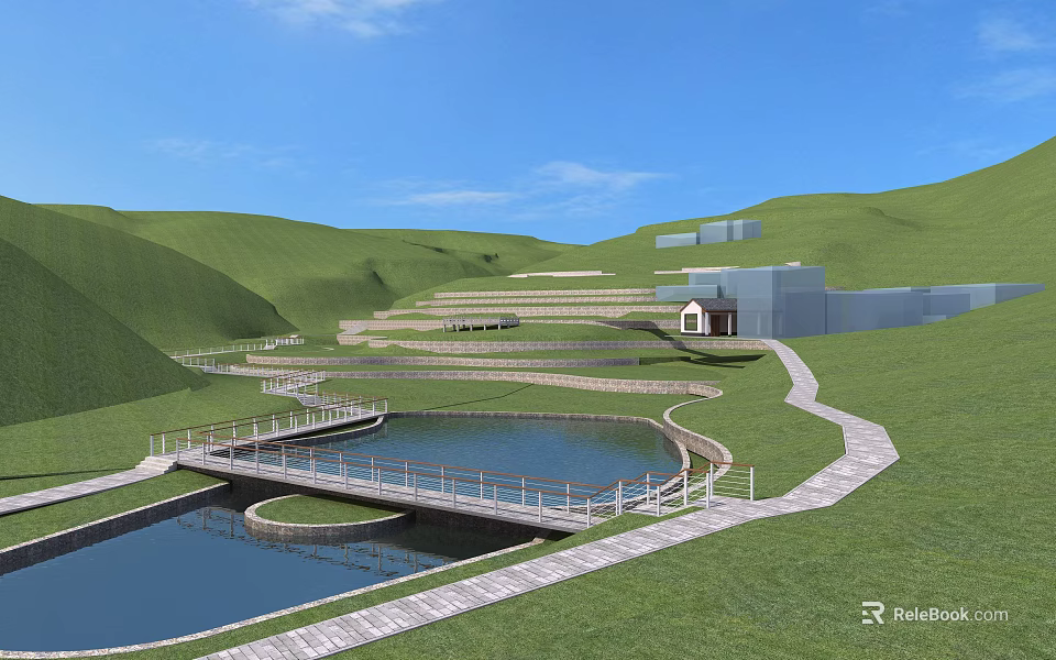 Scenic Park Landscape With Green Hills Winding Paths Ponds Bridge And Small Building 3d model 