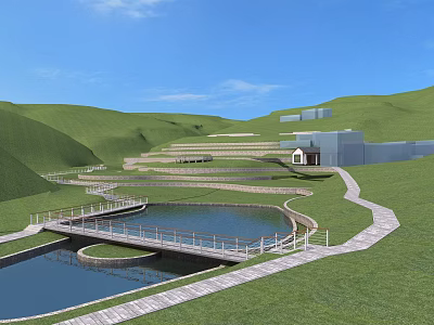 Scenic Park Landscape With Green Hills Winding Paths Ponds Bridge And Small Building 3d model