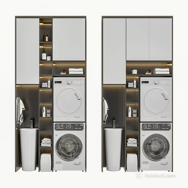 Modern Bathroom Cabinetry With Mirror Storage Shelves Washer And Dryer 3d model 