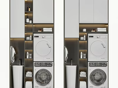 Modern Bathroom Cabinetry With Mirror Storage Shelves Washer And Dryer 3d model
