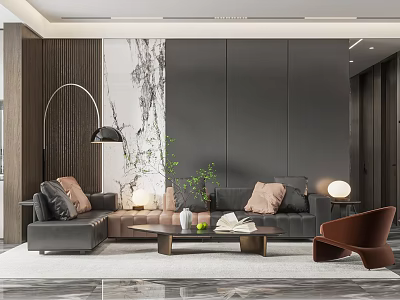 Modern Living and Dining Room Interior Design With Grey Sofa Brown Chair And Floor Lamp 3d model