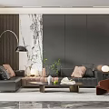 Modern Living and Dining Room Interior Design With Grey Sofa Brown Chair And Floor Lamp