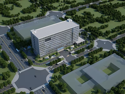 Modern Office Building Exterior With Glass Curtain Wall And Lush Tree Surroundings 3d model