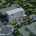 Modern Office Building Exterior With Glass Curtain Wall And Lush Tree Surroundings