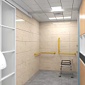 Public Restroom Interior With Tiled Walls Mirror Toilet Sink Yellow Grab Bars And Glass Partition