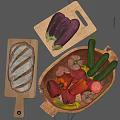 Fresh Eggplants Zucchinis Bell Peppers Tomatoes and Bread on Wooden Cutting Boards and Tray