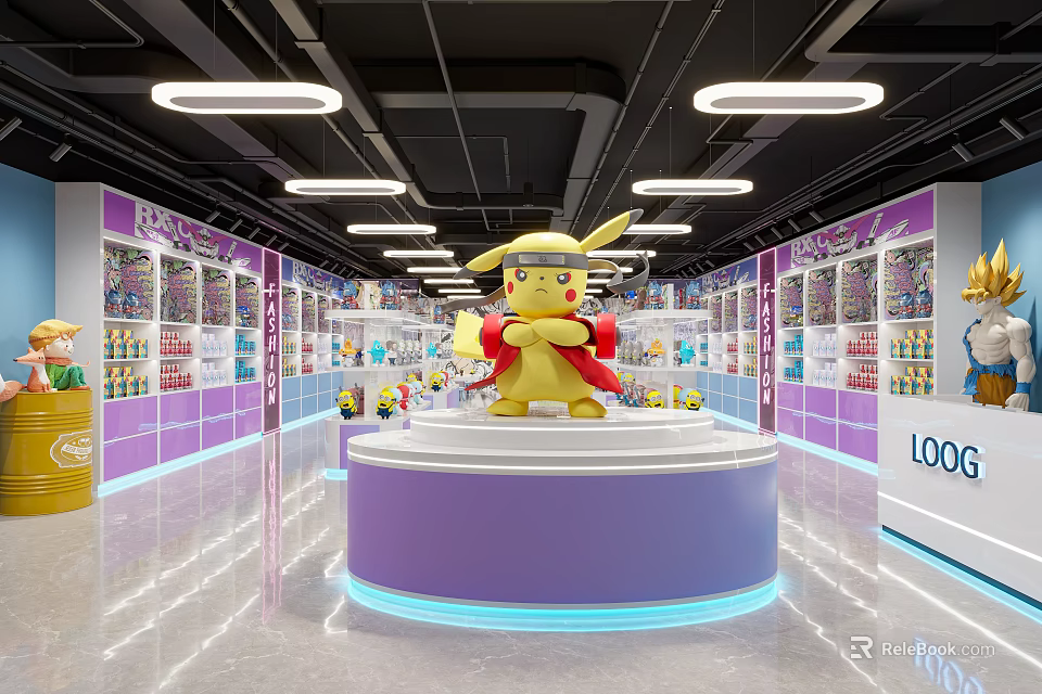 Pikachu Themed Shopping Mall Store with Central Display Platform and Product Shelves 3d model 