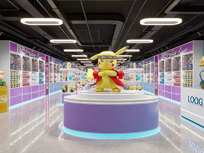 Pikachu Themed Shopping Mall Store with Central Display Platform and Product Shelves 3d model