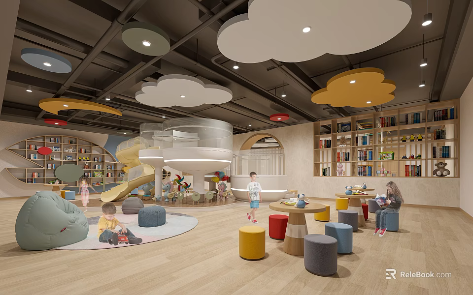 Kids Play Area With Slide Bookshelves Colorful Seats And Cloud Lights 3d model 