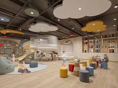 Kids Play Area With Slide Bookshelves Colorful Seats And Cloud Lights 3d model