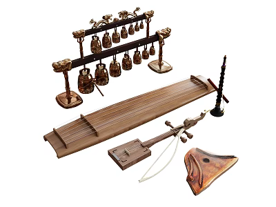 Traditional Musical Instruments And Art Supplies Collection With Guzheng Erhu And Chimes 3d model