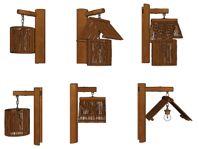 Wooden Wall Lamps Featuring Various Natural Design Styles And Hanging Shades 3d model