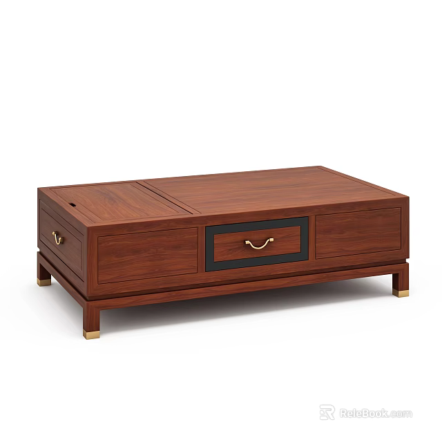 Solid Wooden Coffee Table With Drawer Black Panel And Golden Handles Legs 3d model