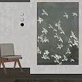 Modern Minimalist Bird Painting With White Birds On Dark Background Hanging Indoors