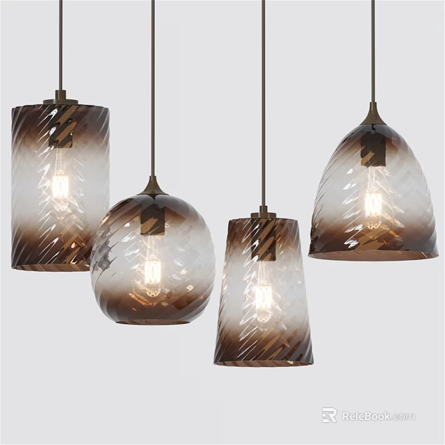 Brown Gradient Glass Pendant Lights With Various Shapes Textured Design And Illuminated Bulbs 3d model 
