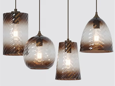 Brown Gradient Glass Pendant Lights With Various Shapes Textured Design And Illuminated Bulbs 3d model