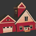 Cartoon Style Red House with Gray Roof White Windows and Garage Tower