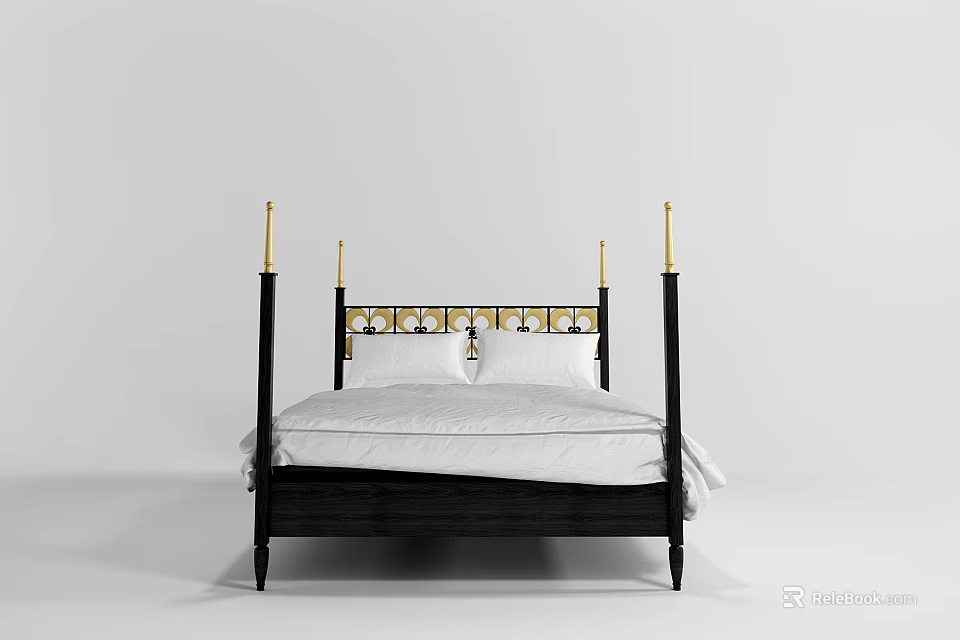 Double Bed with Black Frame Gold Bedposts Ornate Headboard and White Sheets 3d model 