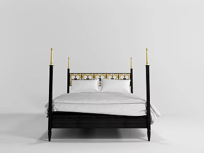 Double Bed with Black Frame Gold Bedposts Ornate Headboard and White Sheets 3d model