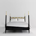 Double Bed with Black Frame Gold Bedposts Ornate Headboard and White Sheets 3d model