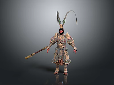 Monkey Warrior Character In Ornate Armor With Feathered Headdress And Staff 3d model
