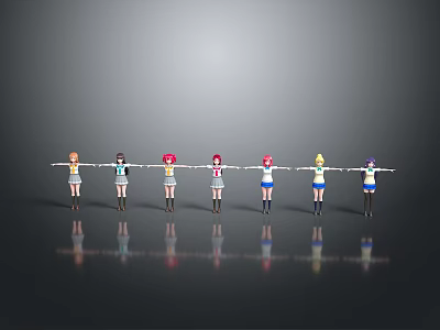 Multiple Cartoon Girl Characters Wearing Different Colored Clothes Standing in a Row 3d model