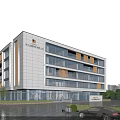 Modern Office Building With Glass Curtain Walls White Exterior Wooden Accents And Landscaped Garden