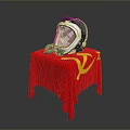 White and Green Helmet with Transparent Visor on Red Tablecloth with Yellow Hammer Sickle Symbol