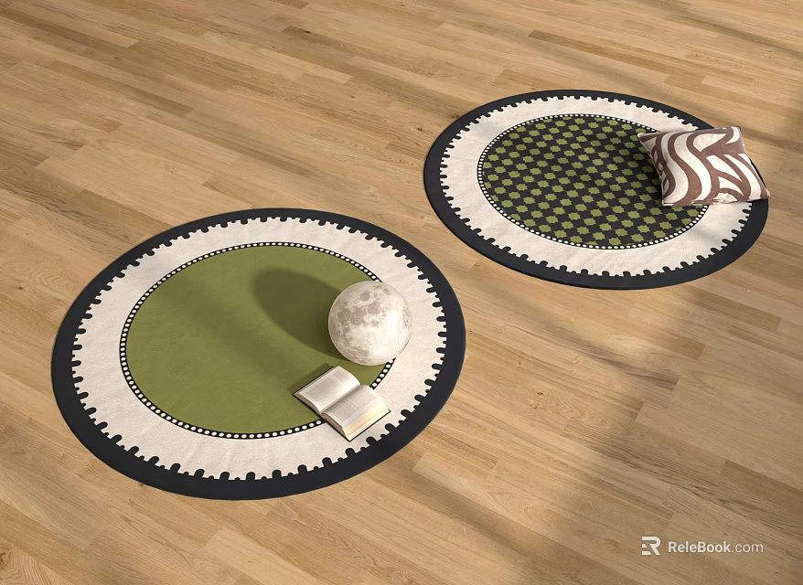 Round Rugs on Wooden Floor with Green Design White Sphere Book and Striped Cushion 3d model 